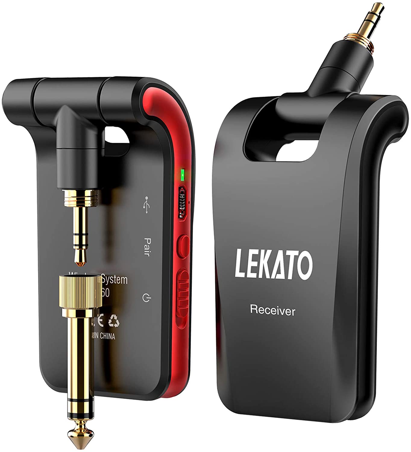 LEKATO WS-60 ワイヤレスギターシステム 2.4GHz ワイヤレスギタートランスミッターレシーバーステレオ 2 in 1 プラグ 6 チャンネルギターワイヤレス