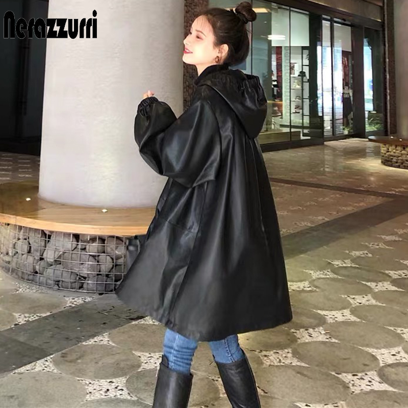 Nerazzurri-Chaqueta de cuero negro de gran tamaño para mujer, chaqueta holgada de manga larga con capucha y cordón ajustable, de piel sintética suave, para otoño, 2021