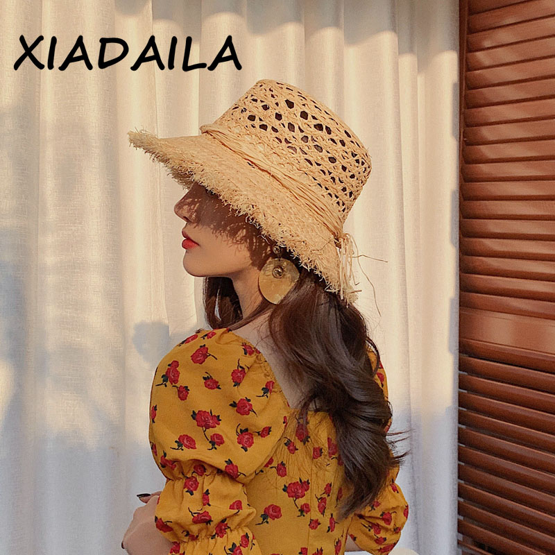 2021 New Summer rafia cappello di paglia scava fuori Retro Beach cappello da pescatore cappello da bacino cappello di paglia moda nappa donna cappello berretto