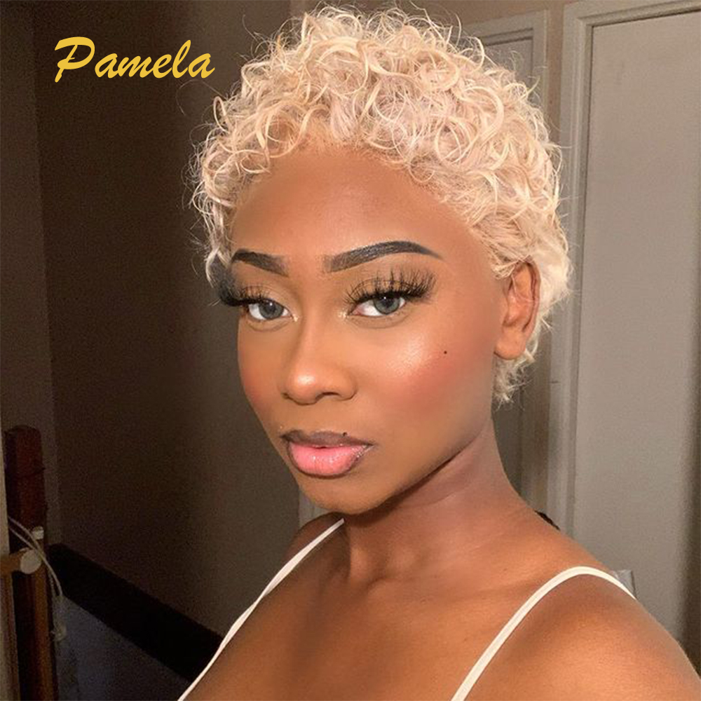 Corte Pixie rizado Bob 613 pelucas rubias cabello humano birmano rizado corto rubio miel color burdeos 13x4 pelucas de cabello humano con frente de encaje