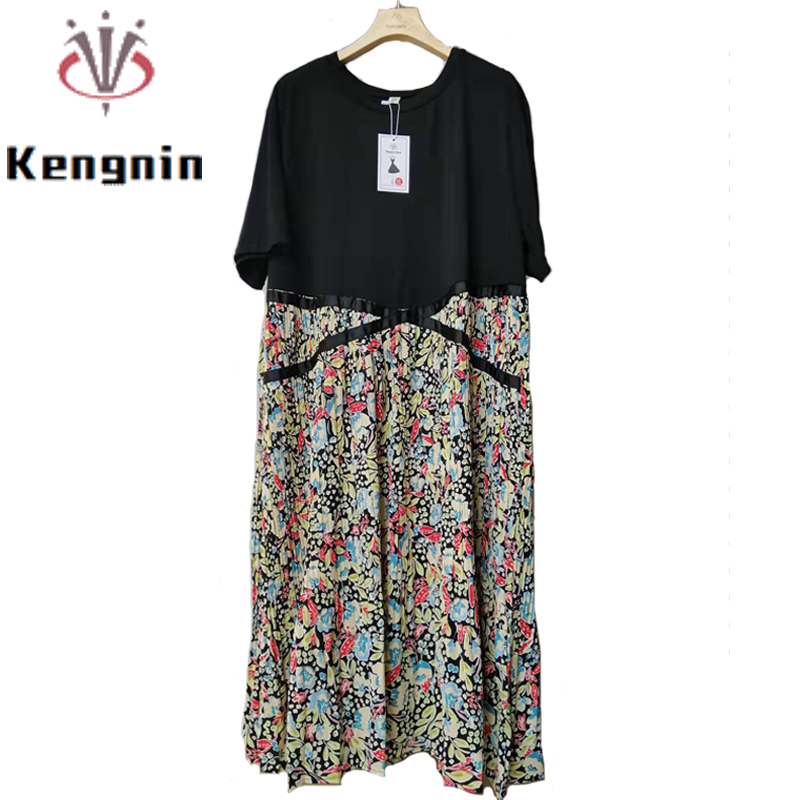 Summer 2025 Plus Size 5XL Women's Patchwork Print Pleated T-Shirt Dress Short Sleeve Fake Two Piece Robe Style KE1062