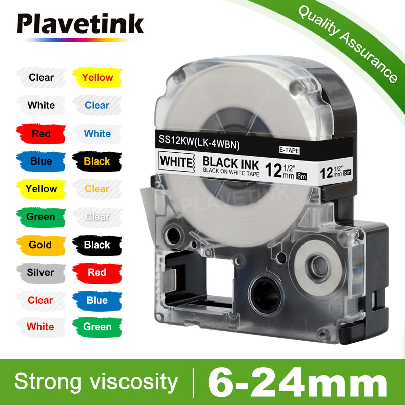 Plavetink-Cinta de etiquetas SS12KW, Compatible con impresora EPSON LW-300, LW-400, LW-600P, LW-700, 12mm x 8m, negra y blanca, 1 ud.