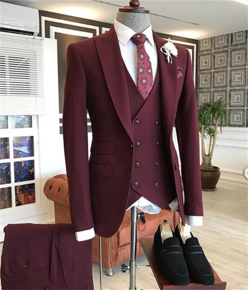 2021 bordowy podwójnie zapinana kamizelka kostium Homme mężczyźni garnitur na ślub odzież dla pana młodego Prom drużba Blazer Slim Fit 3 sztuk Terno