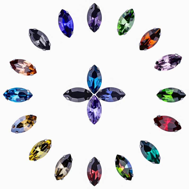 24 couleurs de strass à coudre Navette, forme œil de cheval, argenté, forme marquise, pour accessoires de robe de mariée et garniture de sac