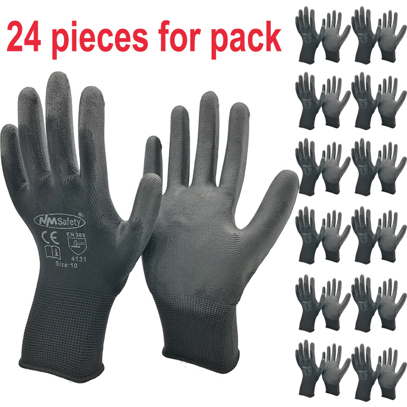 24 Miếng/12 Đôi An Toàn Làm Việc Găng Tay Pu Đen Nylon Găng Tay Bông Công Nghiệp Bảo Vệ Công Việc Găng Tay NMSafety Thương Hiệu Nhà Cung Cấp