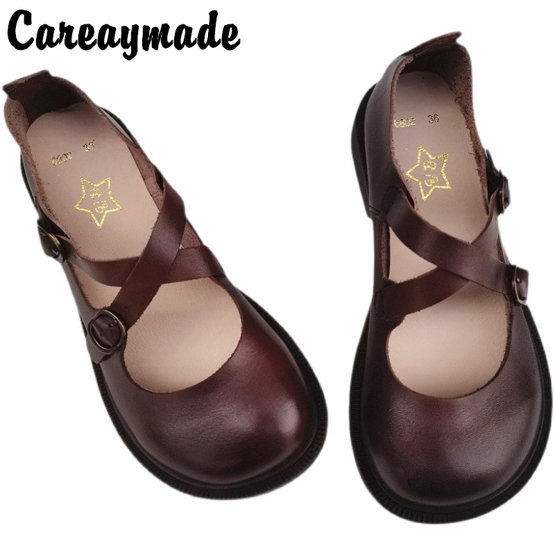 Careaymade-Echt Leer Grote Schoenen Retro Literatuur Art Breed Editie Damesschoenen Originele Enkele Schoenen Ademend Platte Zachte