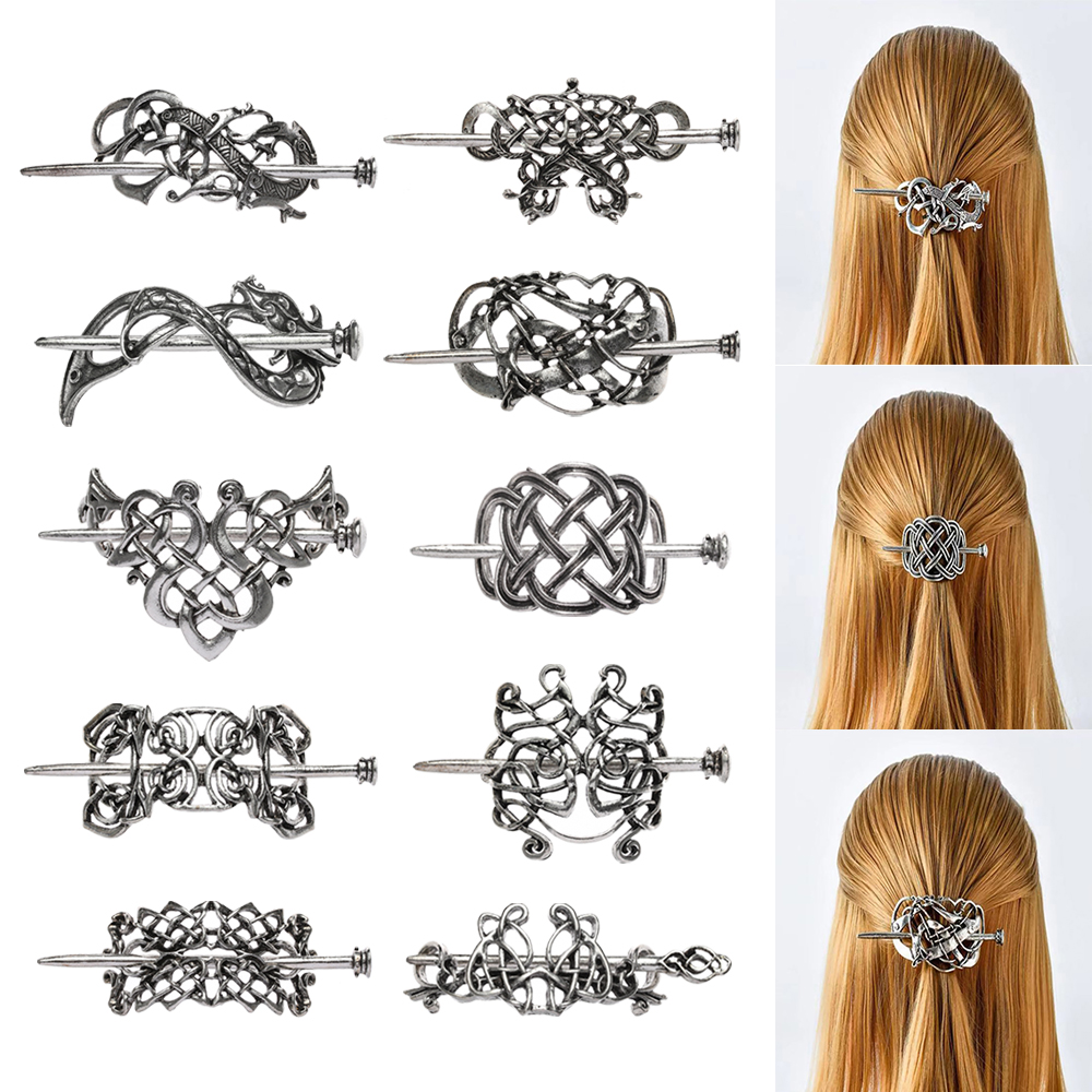 2021 novo feminino meninas celta grampos de cabelo prata vintage viking clipes de cabelo corrediça de cabelo vara barrette nó acessórios de cabelo