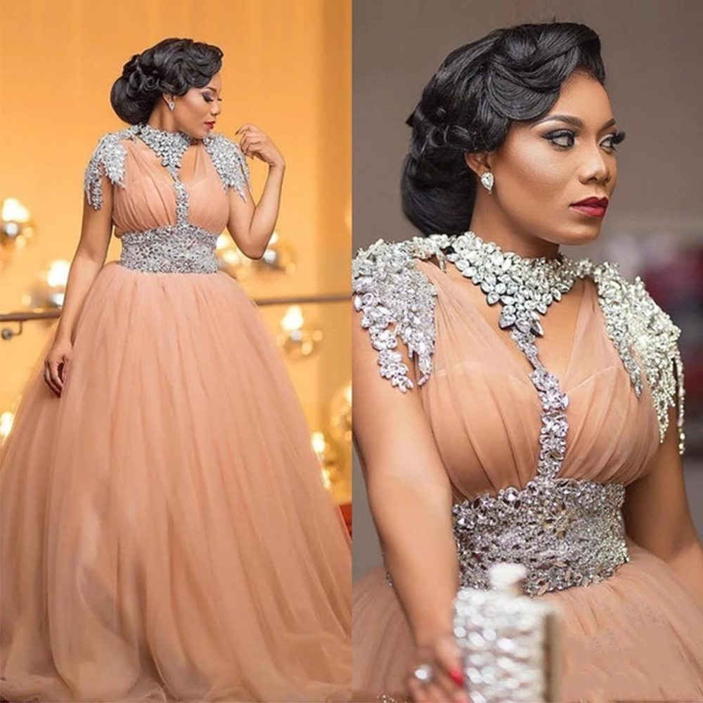 Luxuriöse afrikanische Abendkleider, individuell gestaltet, Perlenkristall, Übergrößen-Kleider, Tüll, A-Linie, langer formeller Abschlussball, 2020, Robe De Soiree