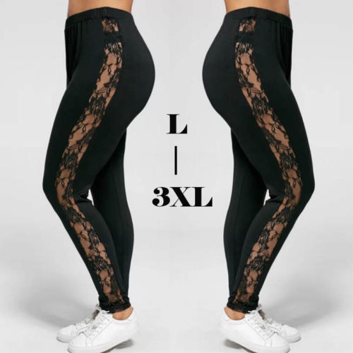 L-3XL Plus Größe Hosen Für Frauen Mode Lässig Schwarz Abnehmen Hohe Taille Spitze Patchwork Durchsichtig Leggings Hosen 2023