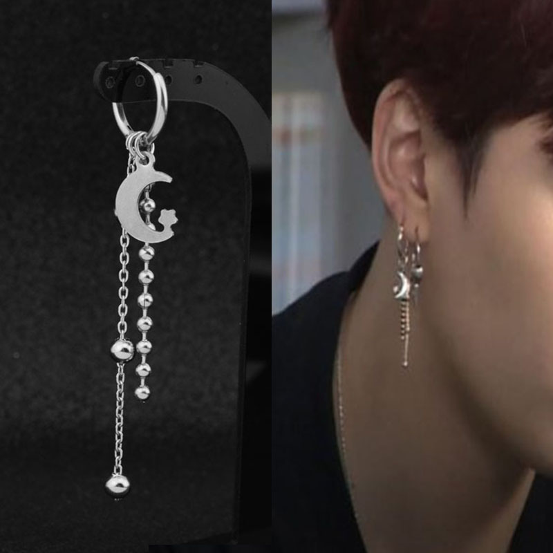 KPOP Korea Anting-Anting Kancing Baja Tahan Karat Wanita Pria Bulan Bulu Rantai Salib Geometris Anting-Anting Punk Hip Hop Perhiasan Uniseks