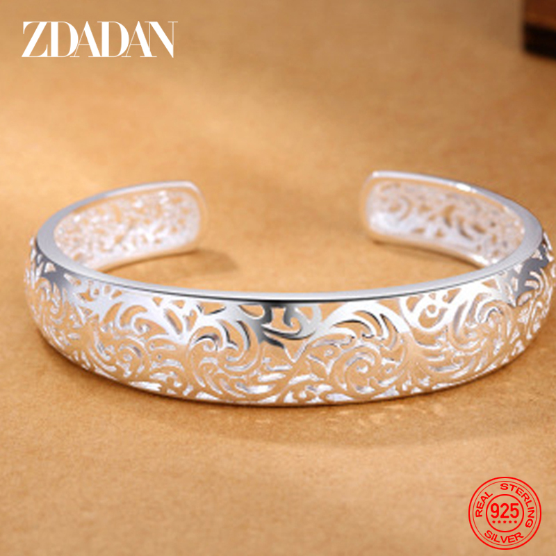 ZDADAN 925 Sterling Silber hohles, verstellbares, offenes Manschettenarmband für Frauen, Jubiläumsschmuck, Geschenk