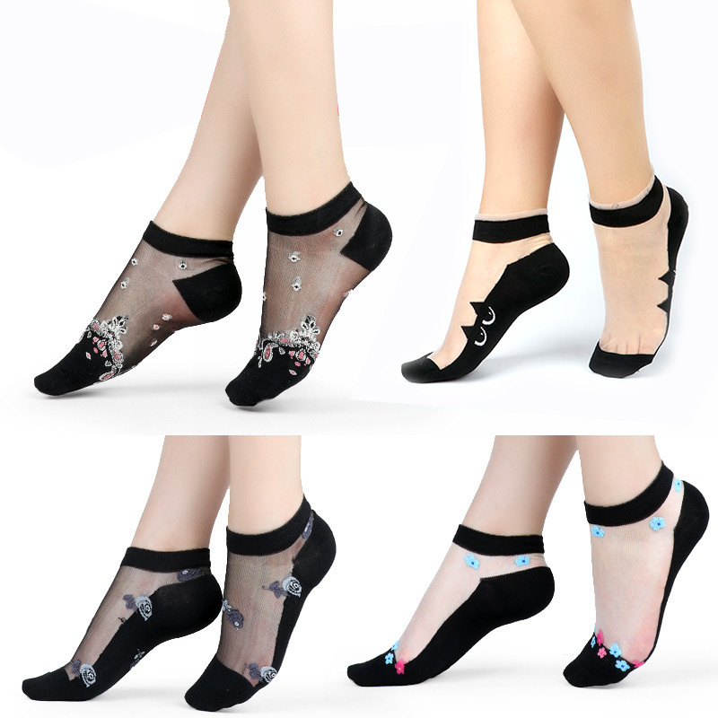 Vidro cristal fundo de algodão sexy invisível barco de seda malha arrastão transparente tornozelo fio líquido fino feminino legal meias