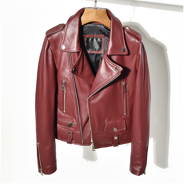 Chaqueta de piel auténtica para mujer, abrigo corto y ajustado de piel de oveja, ropa de exterior de vino tinto de calidad, envío gratis, 2020