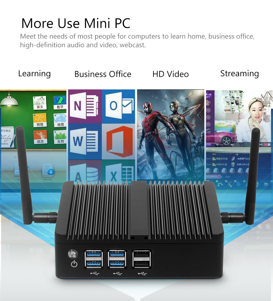 Mini PC sans ventilateur Windows 10 Intel Core i3 5005U i5 4200U i7-4500U 2.4G WiFi Gigabit Ethernet HDMI VGA 8 * USB PC de bureau Client mince