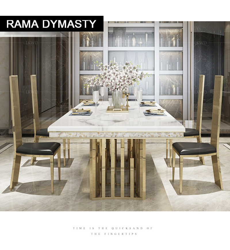 Rama Dymasty, comedor de acero inoxidable, muebles para el hogar, mesa de comedor de mármol moderna, mesa rectangular