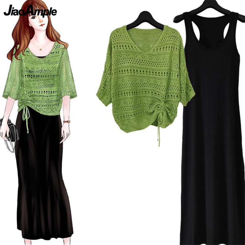 Ensemble 2 pièces de robe en tricot évidée pour femme, robe en Y et fibre, vêtements décontractés pour femme, été, nouveau, 2024