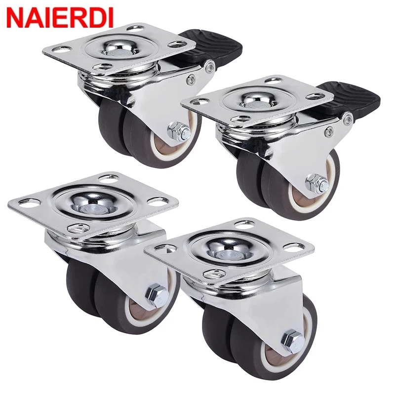 NAIERDI-ruedas giratorias de alta resistencia para muebles, ruedas de goma suave con freno para carro de plataforma, 1,5 "/2", 4 piezas