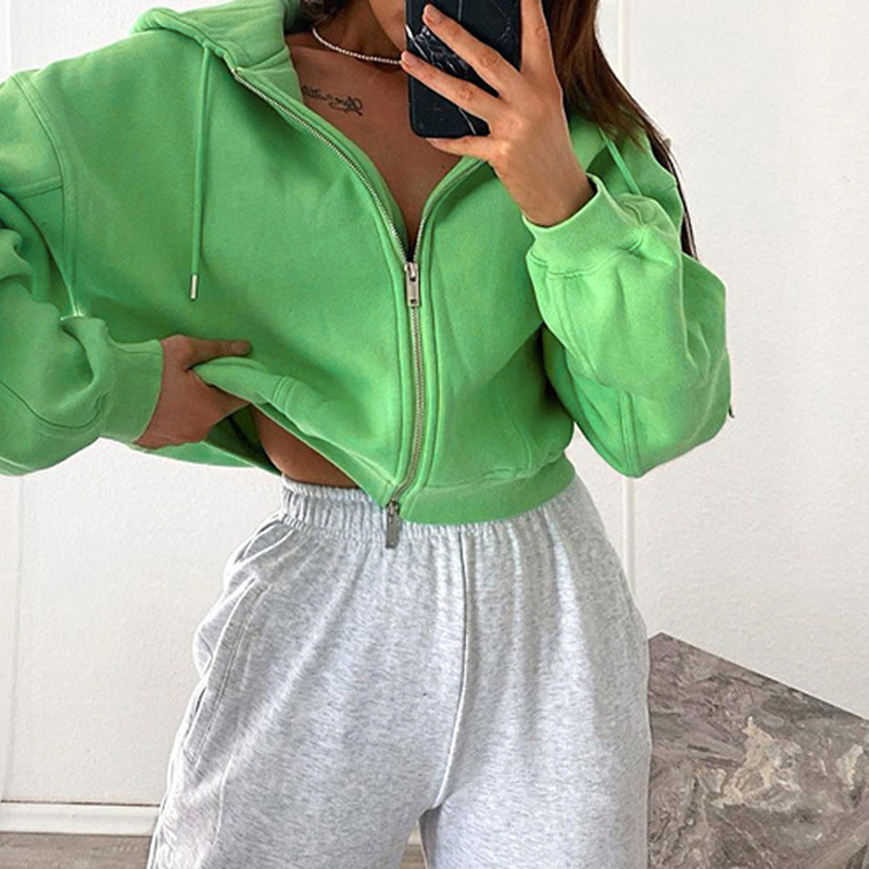 Groen Sweatshirt Zip-Up Hooded Kraag Volledige Mouw Eenvoudige Vest Vrouwen Mode Sport Oversized Harajuku Cropped Coat Streetwear