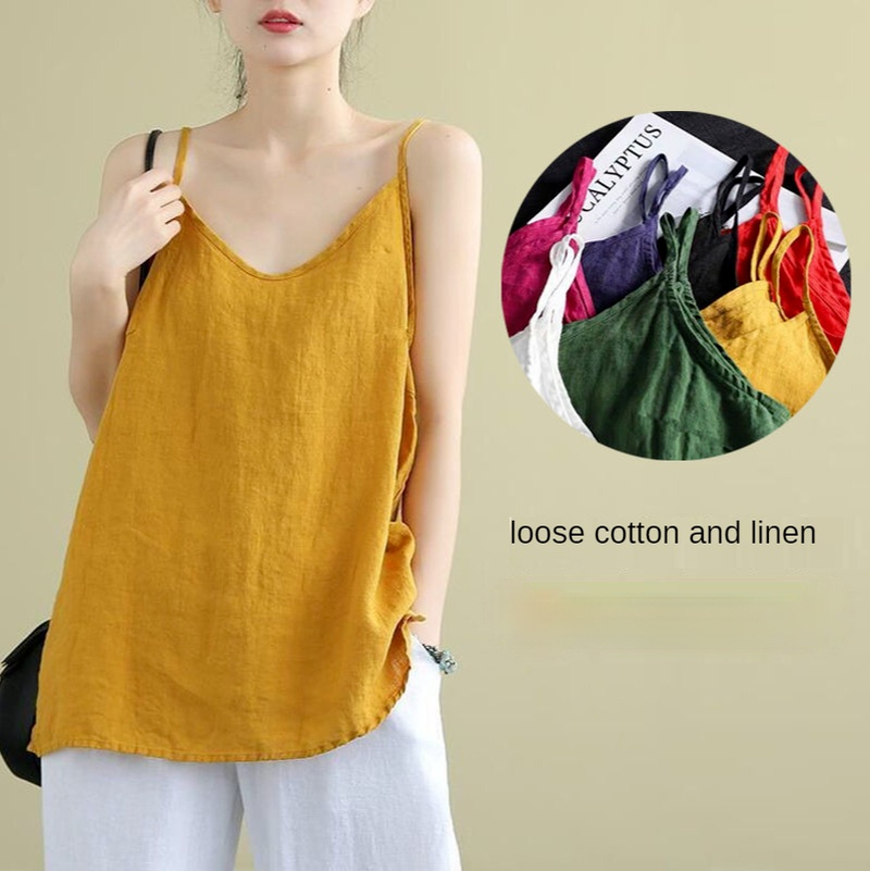 Top de algodón y lino con tirantes finos para mujer, Top básico con cuello en V, camisetas sin mangas amarillas, camisola informal holgada
