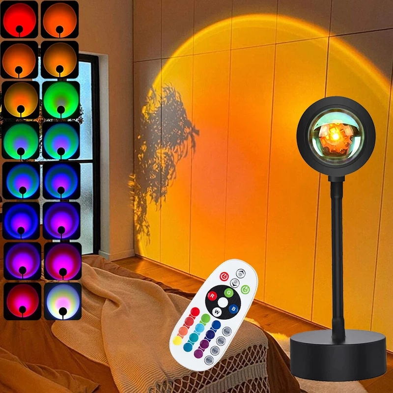 Led 일몰 프로젝터 야간 조명 16 색 변경 무지개 태양 오라 Led 분위기 프로젝션 램프 배경 벽 장식