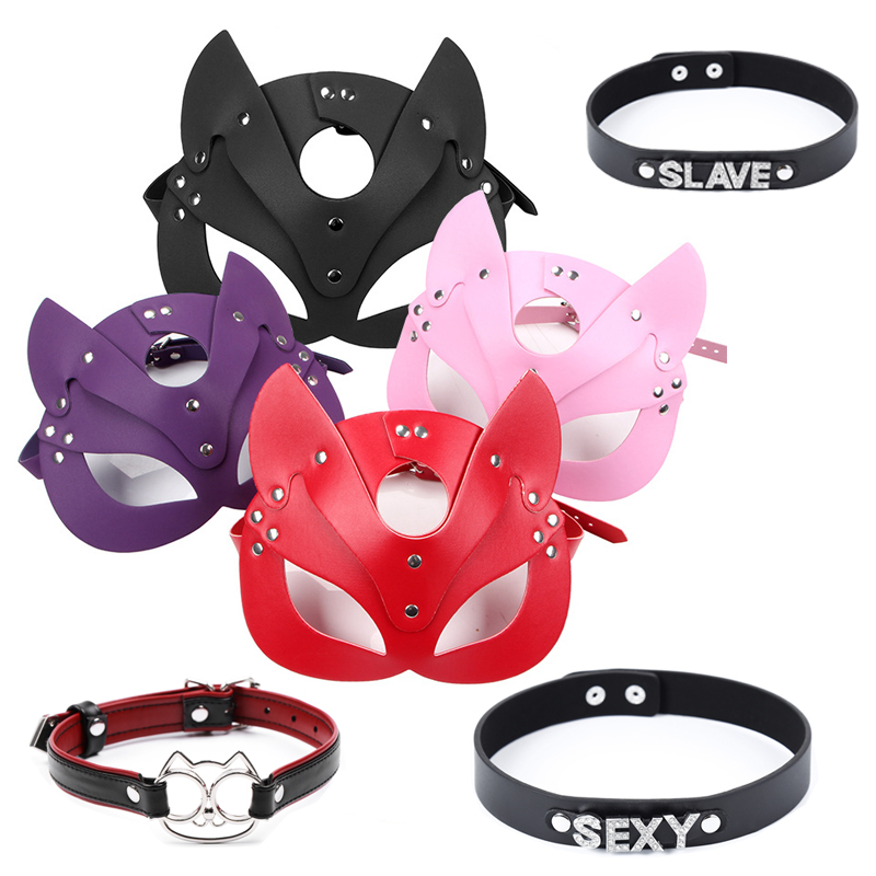 Produkty erotyczne dla dorosłych SM Sex Toy Fetish BDSM Kobieca skórzana maska na oczy i kołnierz Cosplay Maska dla dorosłych Gra Masquerade Party Maski na twarz