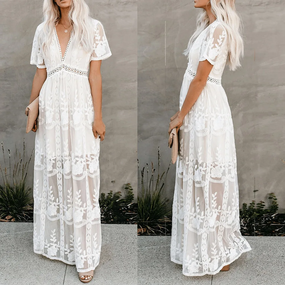 Damen-Boho-Maxikleid, lockere Stickerei, weiße Spitze, lange Tunika, Strandkleid, Urlaubskleidung, Urlaub, Sommer, weibliche Dame