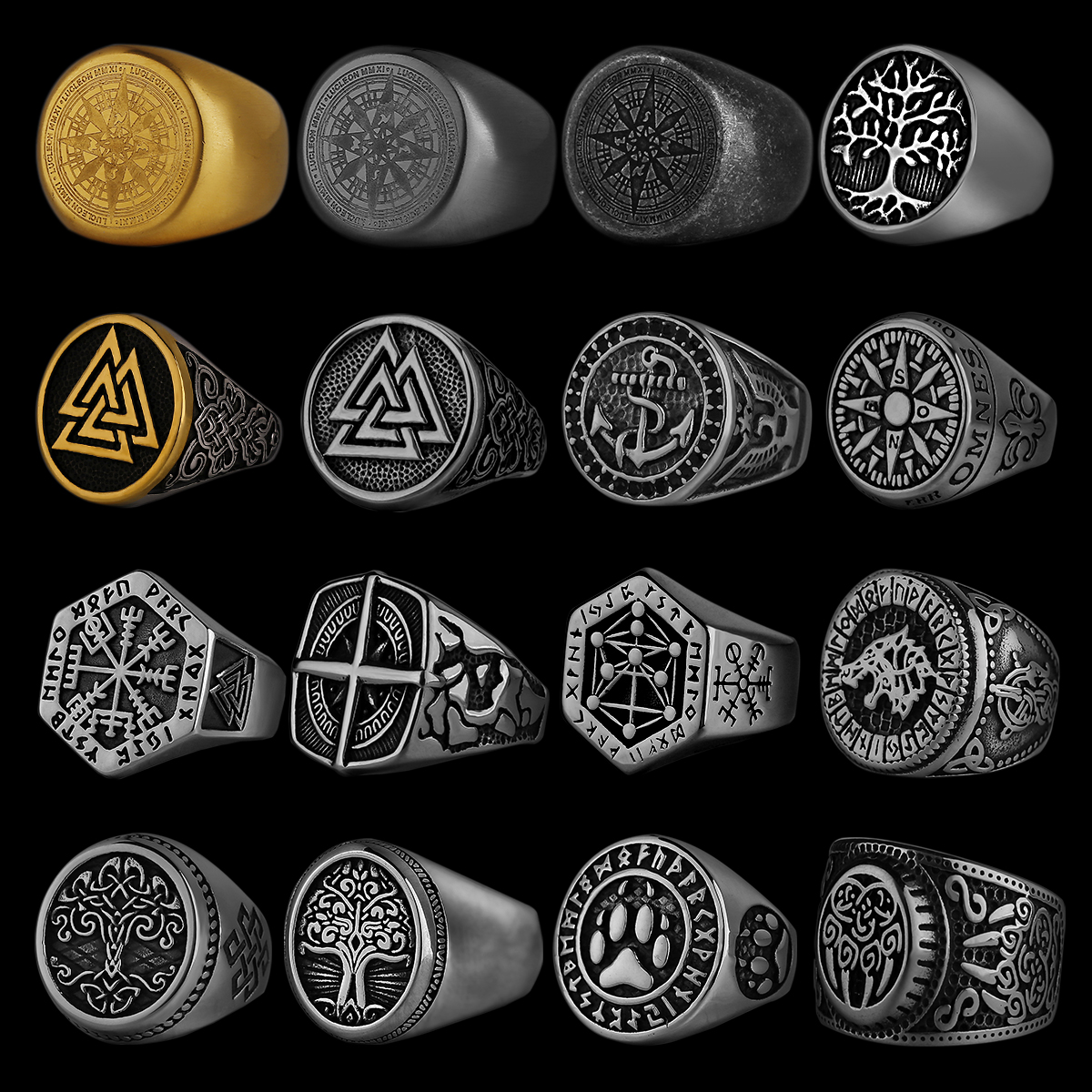 Anel viking nórdico de aço inoxidável, âncora, bússola, árvore da vida, runa viking, lobo, homens e mulheres, anel de joias, atacado de fábrica