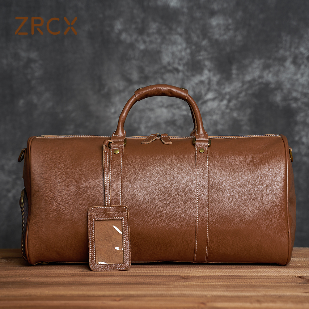 ZRCX Tas Travel Kulit Sapi Alami Tas Overnight Kulit Pria Tas Tangan Koper Pria Tas Akhir Pekan Pria Bisnis 50Cm