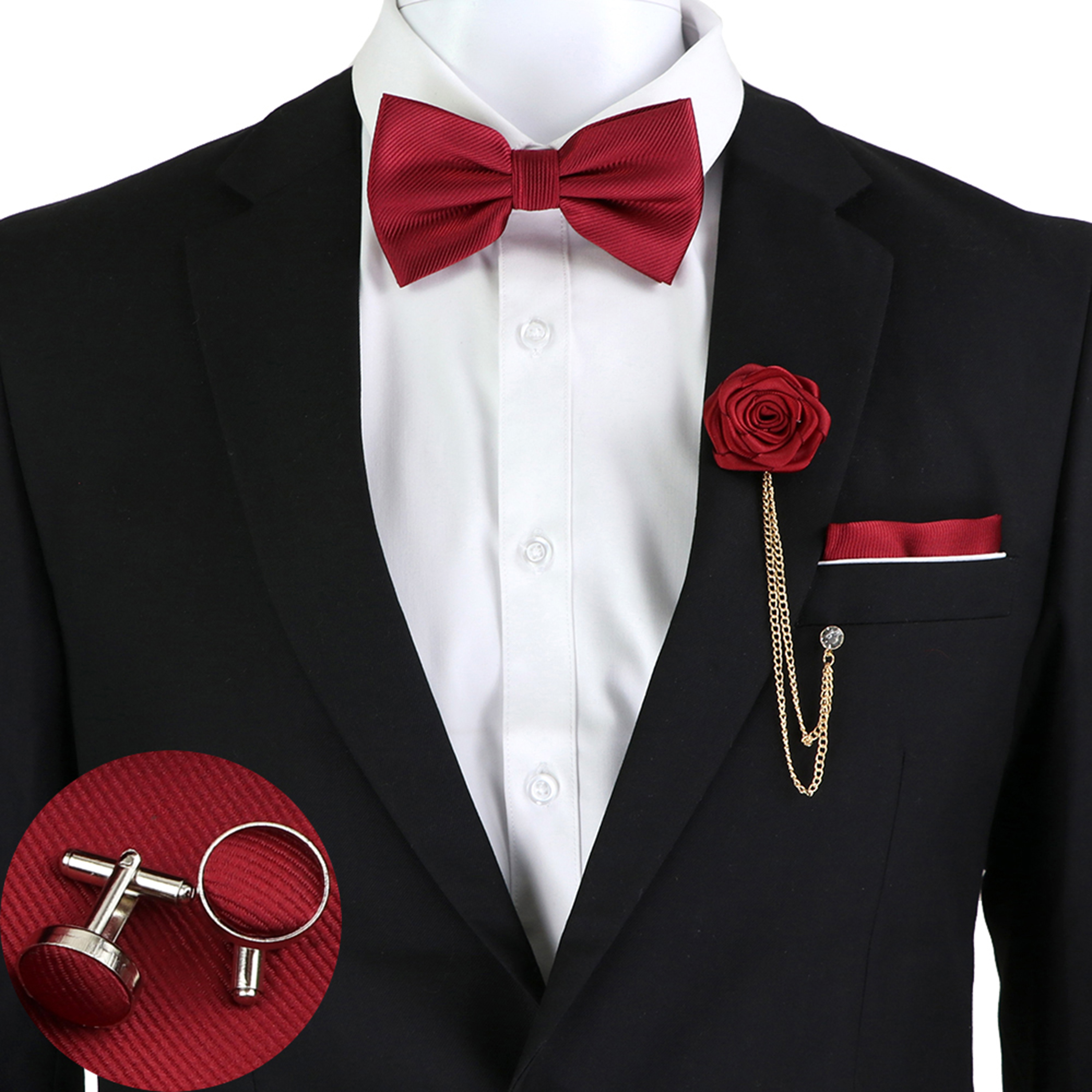 Nieuwe Effen Kleur Strikje Set Voor Mannen Zijde Vlinder Hanky Manchetknopen Kwastje Broche Polyester Jacquard Geweven Bowtie Party Accessoire