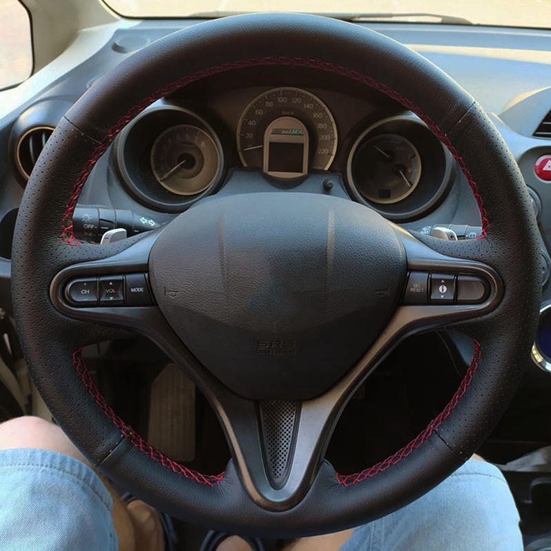 Capa de volante de carro em couro de microfibra, faça você mesmo, preto, ponto à mão, para honda fit 2009 2010 2011 2012 2013 city jazz