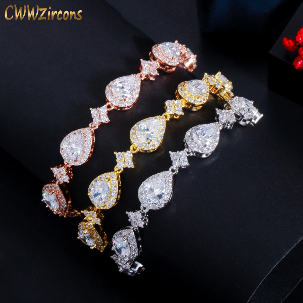 CWWZircons – Bracelet de Tennis en zircon pour femmes, grande goutte d'eau cubique, couleur or Rose, bijoux de fête de mariage tendance CB238