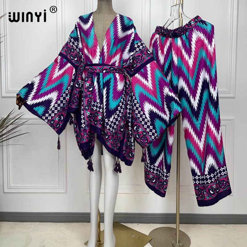 WINYI dwuczęściowy garnitur kimono proste nogawki artystyczny nadruk ponad rozmiar gwiazda sukienka kobiety elastyczne jedwabne piętro długość New Fashion