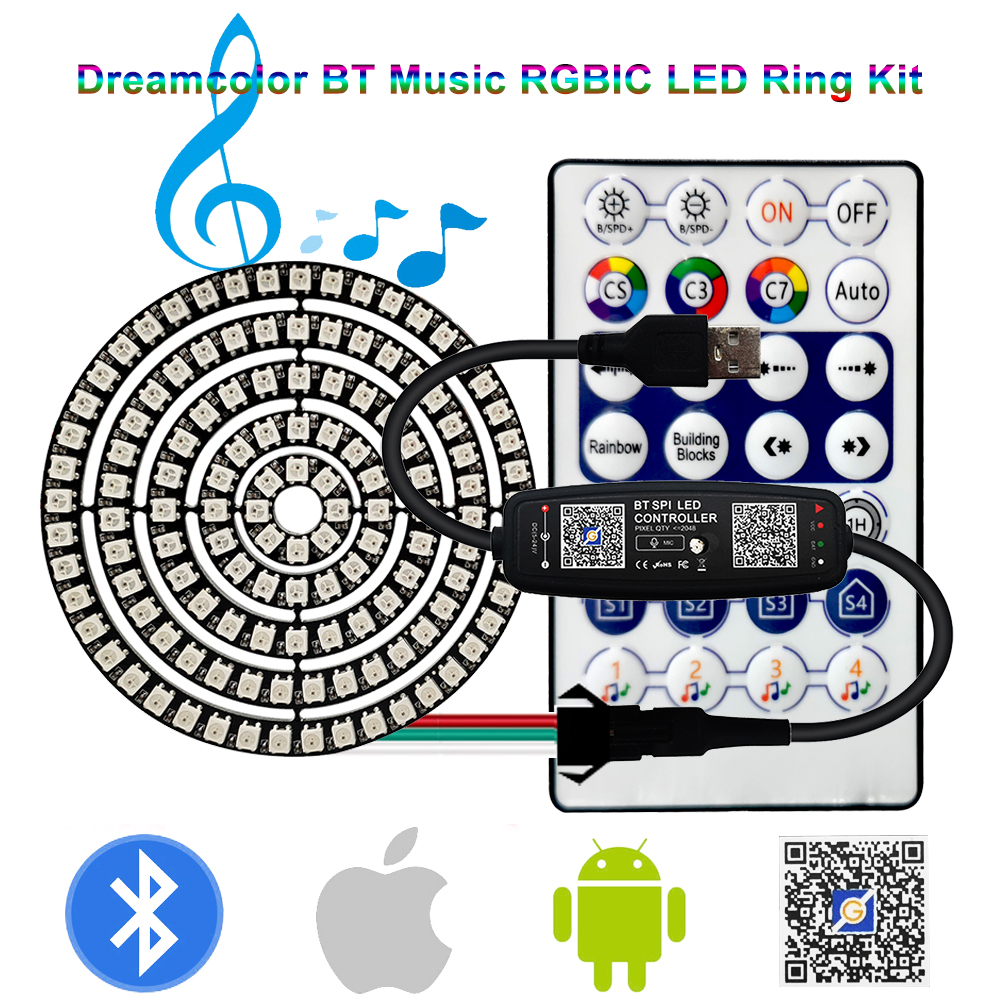 WS2812B Светодиодное кольцо с индивидуальной адресацией 5050 RGB с USB 28 клавишами Комплект музыкального контроллера Bluetooth Встроенный 8/16/24/35/45 пикселей