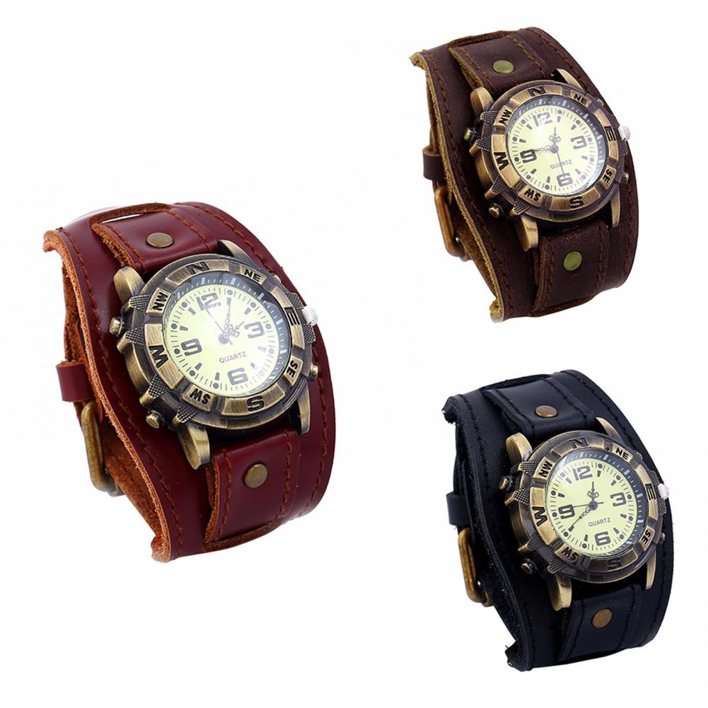 Dropshipping Vintage mujeres hombres Punk imitación cuero esfera redonda pulsera de cuarzo relojes de pulsera