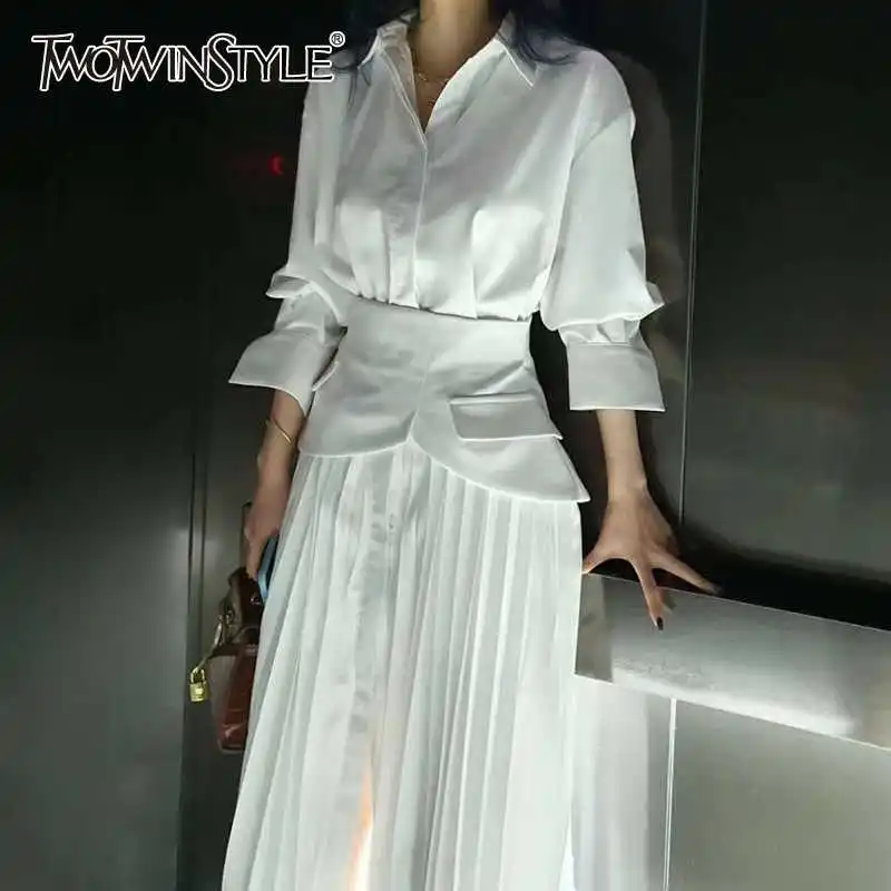 TWOTWINSTYLE elegante vestido plisado para mujer solapa manga larga cintura alta Maxi vestidos moda femenina Ropa nueva primavera 2024