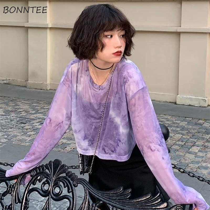 Koszulki z długim rękawem kobiety Tie Dye przycięte przezroczyste luźne kolegium odporne na słońce moda lato cienkie topy projekt cały mecz Mujer