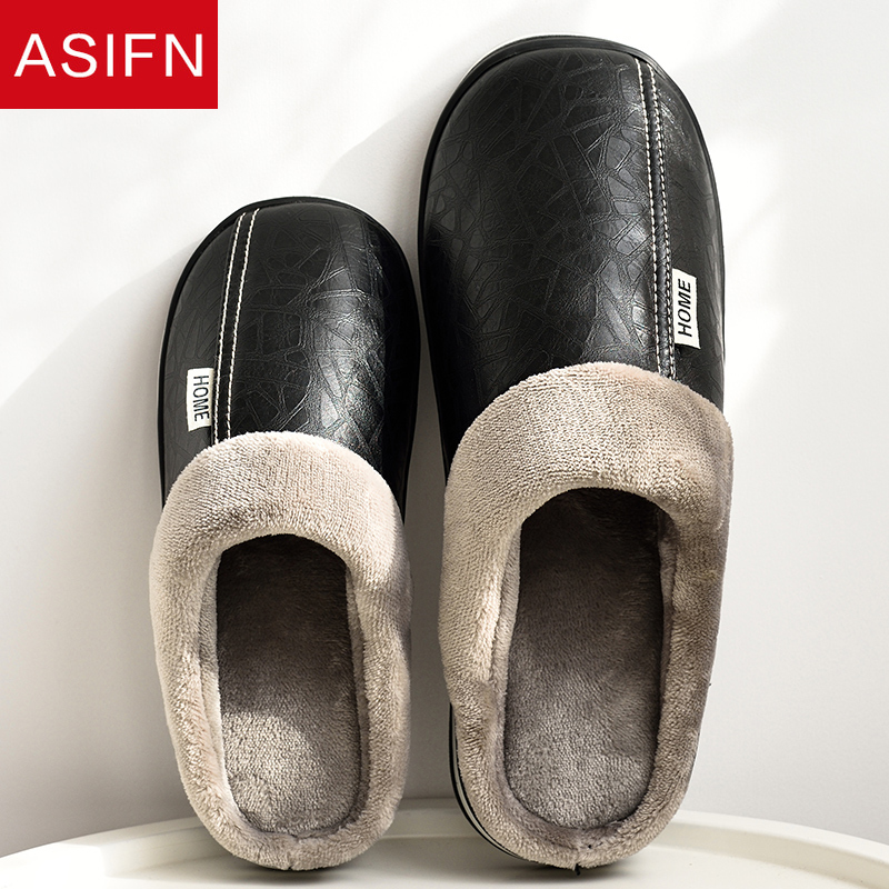 Zapatillas de invierno de talla grande para hombre, zapatos de cuero PU para el hogar, pantuflas planas de algodón de piel impermeables para interiores para dormitorio