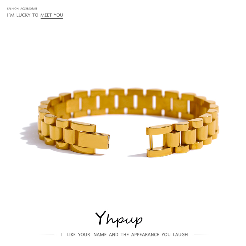Yhpup pulseira de corrente de aço inoxidável simples 18 k banhado textura de metal pesado joias da moda masculinas bijuterias femininas festa à prova d'água