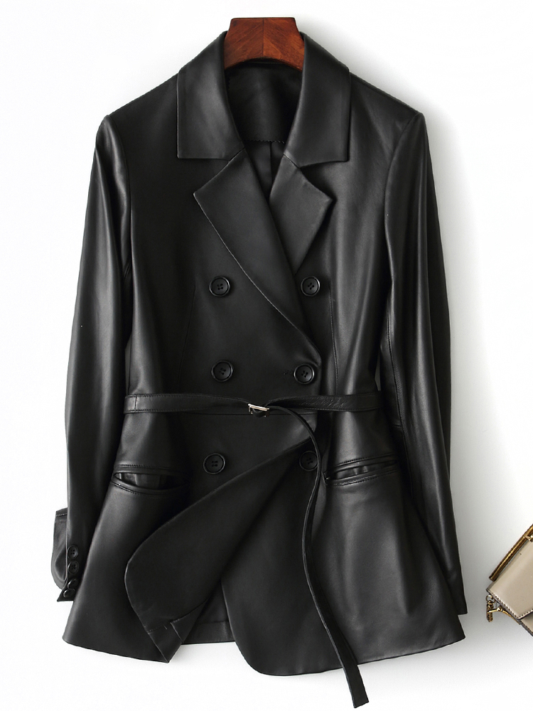 Nerazzurri-Blazer de piel sintética para mujer, chaqueta de manga larga con cinturón, color negro, 5xl, 6xl, 7xl, novedad de 2022