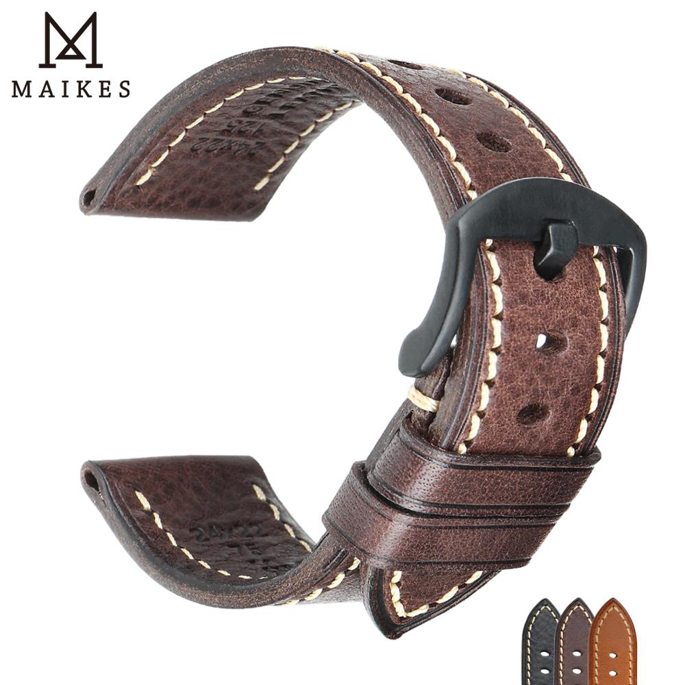 MAIKES-Pulseira de relógio artesanal de couro, fivela preta, pulseira Rolex MIDO, 20mm, 22mm, 24mm