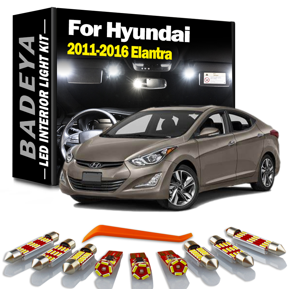 BADEYA 9 sztuk żarówek samochodowych Canbus LED Zestaw oświetlenia wnętrza dla 2011 2012 2013-2016 Hyundai Elantra Map Dome Lampa tablicy rejestracyjnej bagażnika
