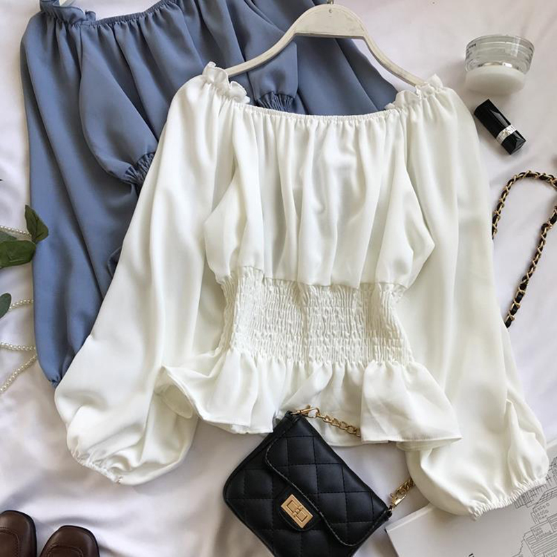 Jugend Elegante Bluse Frauen Chiffon Mode Bluse Off Schulter Weiß Hemd Rüschen Puff Sleeve Top Büro tragen 2022