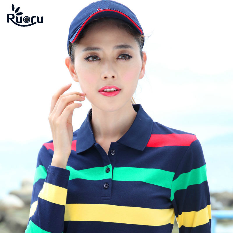 Ruoru Neue Langarm Polo Shirt Frauen Gestreiften Polo-Shirt Casual Polo Femme Schlank Damen Polo Shirts Bunte