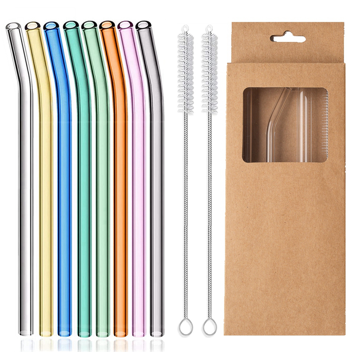 Pajitas de vidrio reutilizables, 8 colores, 8mm, rectas, dobladas, ecológicas, para bebidas, cóctel de leche