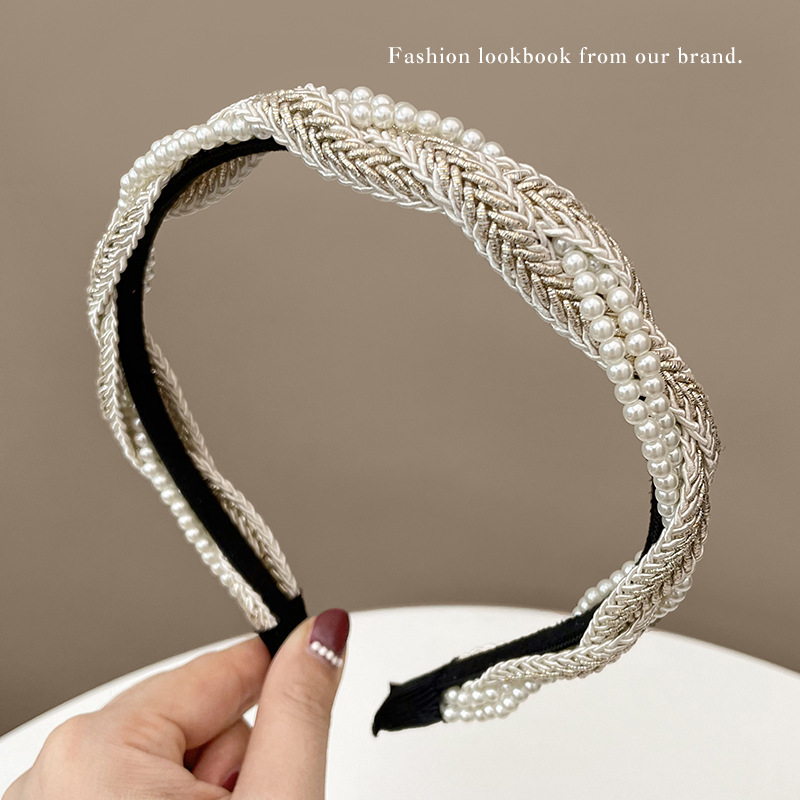 Faixa de cabelo com moldura trançada de pérola francesa, elegante, feminina, cor pura, plissada, faixa de cabelo da menina, acessórios de cabelo