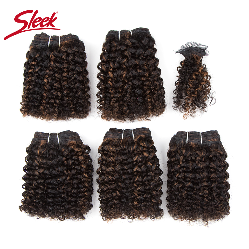 Elegante P1B/30 #   P4/27 #   Marrom 4 #   Pacotes curtos encaracolados indianos remy com clocure barato 5 pacotes de extensão de cabelo desenhada dupla
