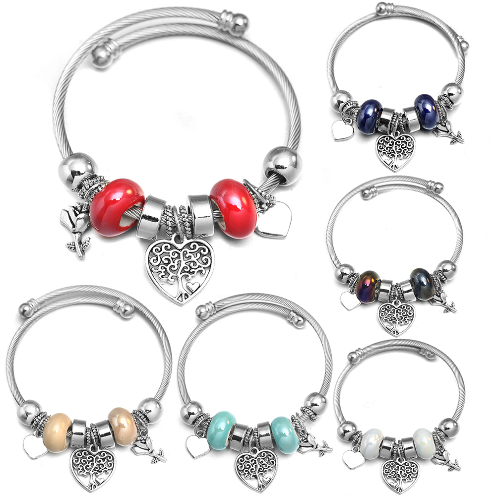Nueva pulsera de cuentas de acero inoxidable de 6 colores, árbol de la vida en forma de corazón, pulsera de tendencia joven, brazaletes, joyería para regalo de mujer