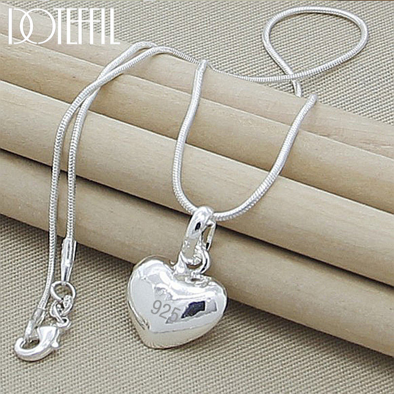 DOTEFFIL-collar con colgante de corazón pequeño para mujer, cadena de serpiente, Color plateado, sólido, 16-30 pulgadas, encanto de boda, joyería de moda