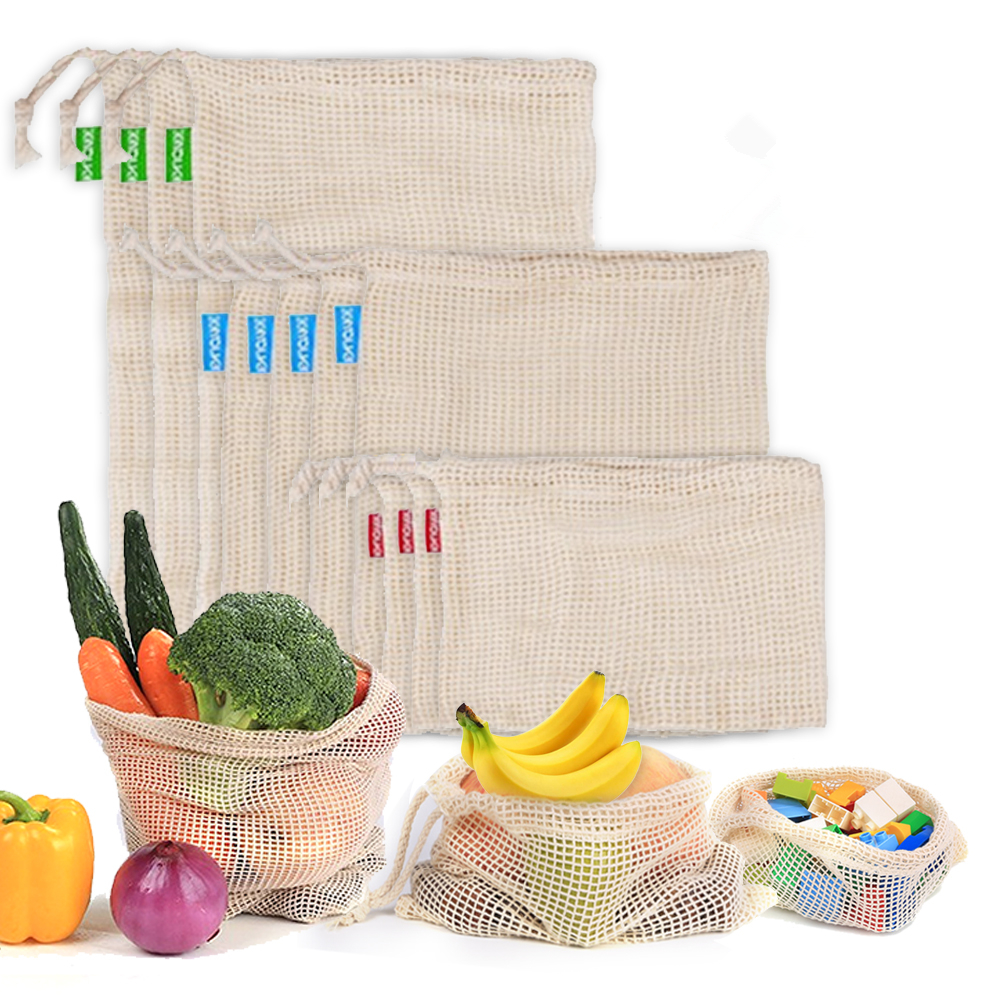 Herbruikbare katoenen gaasproductenzakken voor groente, fruit, voedsel, keuken, wasbare roosteropbergtas, eco-koordtas, keukenorganizer