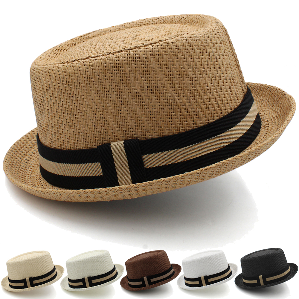 Männer Frauen Klassische Stroh Pork Pie Hüte Fedora Sonnenhüte Trilby Caps Sommer Boater Strand Außen Reise Partei Größe UNS 7 1/4 UK L